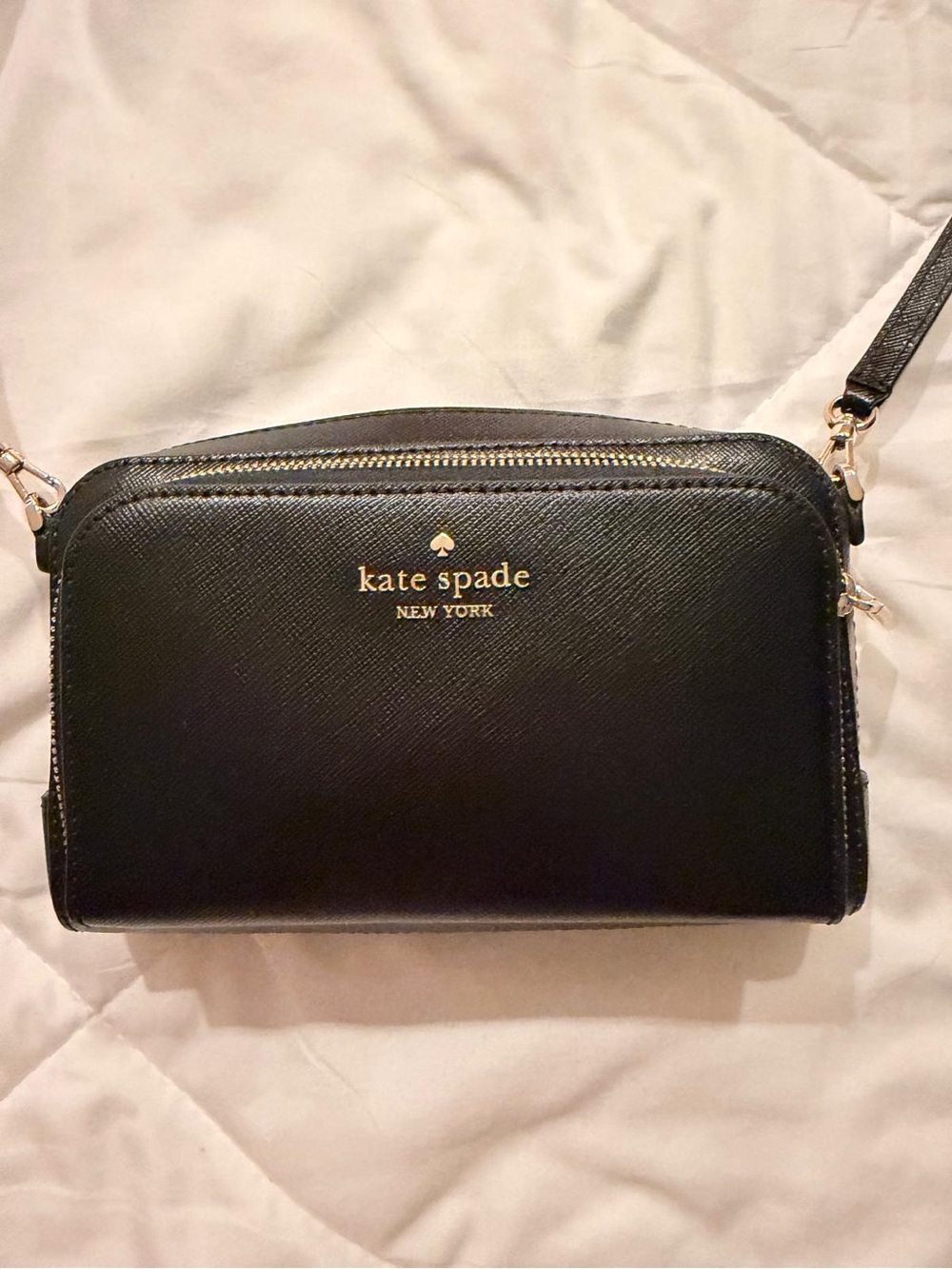 kate spade Black Leather Crossbody Wallet Bag with Gold Logo